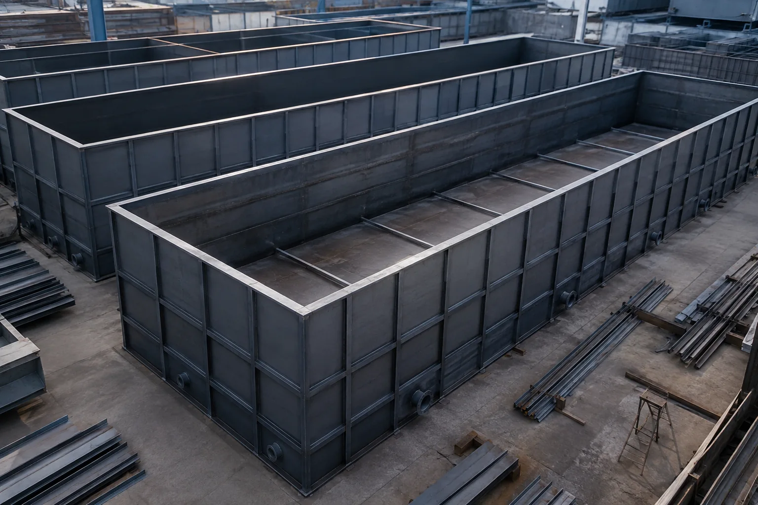Conceptual rectangular steel containment tanks in an industrial yard